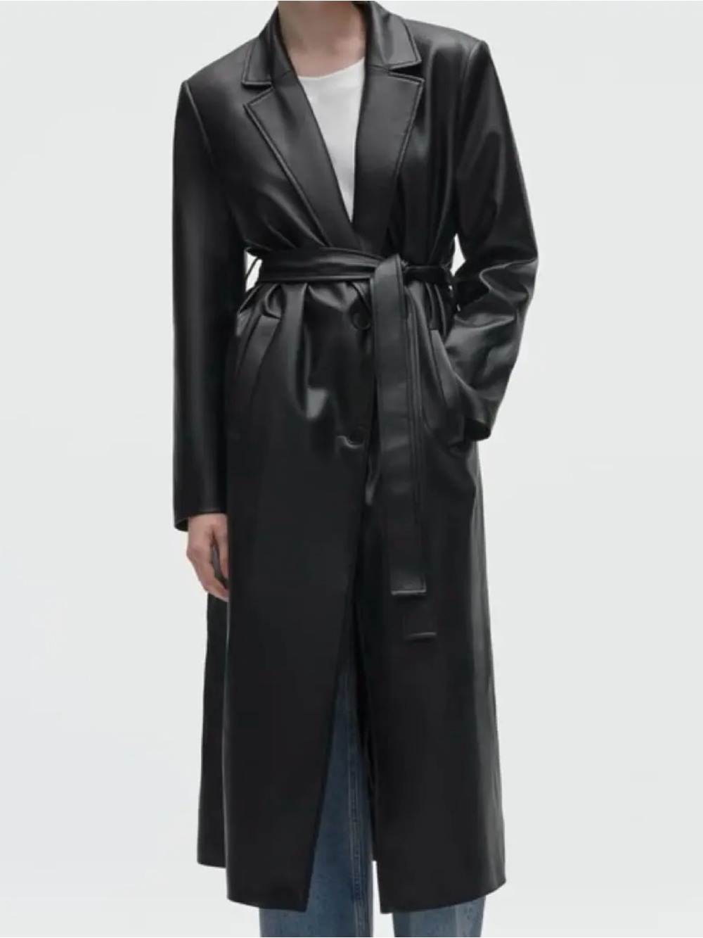 Zara Faux Leather Trench Coat Belted Black Dressy Edgy Long Coat Size M